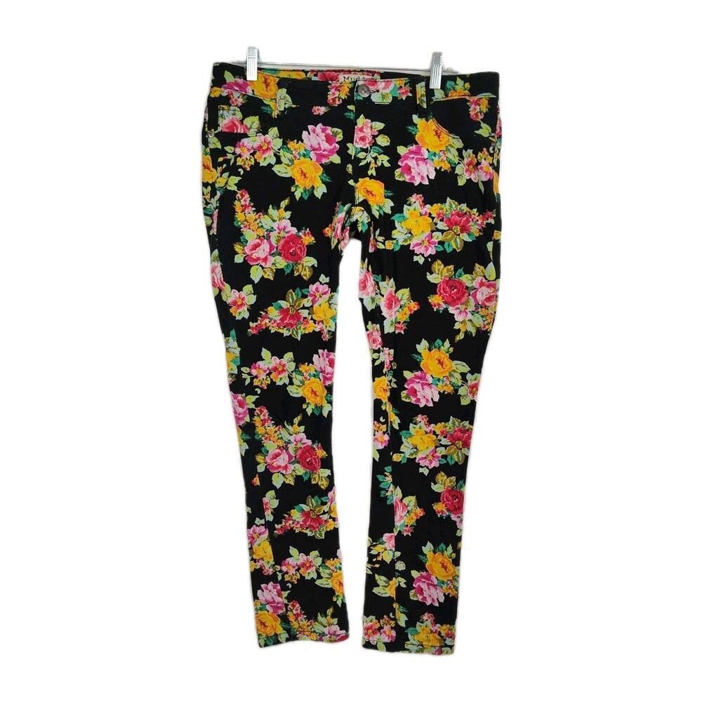Mudd Skinny Jeans Women's Size 11 Black w/ Pink/Yellow Floral‎ Pattern